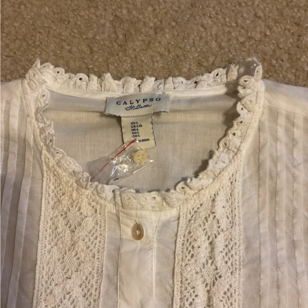 Calypso St Barth White Pintuck Pleat 100% Cotton Lace Peasant Blouse Top Size L - Picture 10 of 14